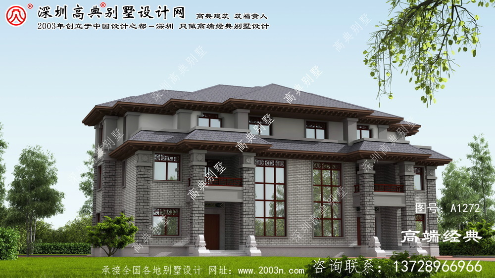 新中式双拼三层别墅外观图配复式大厅设计