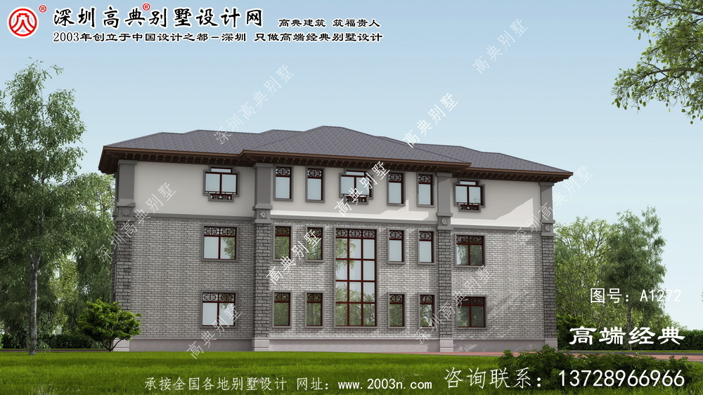 新中式双拼三层别墅外观图配复式大厅设计