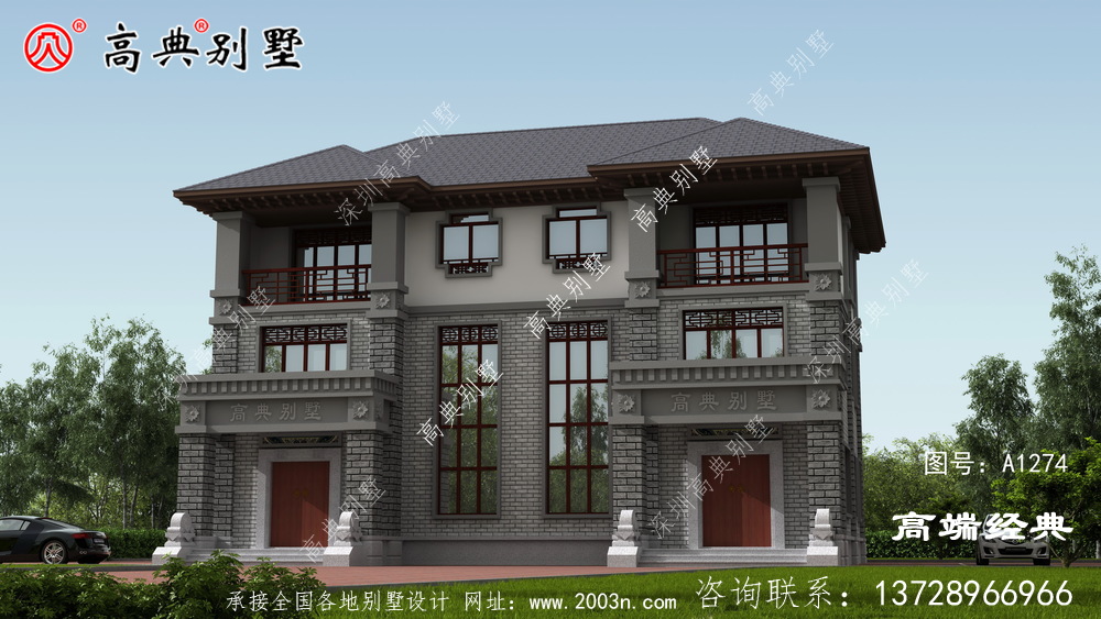 中式双拼别墅外观图，复式设计采光好