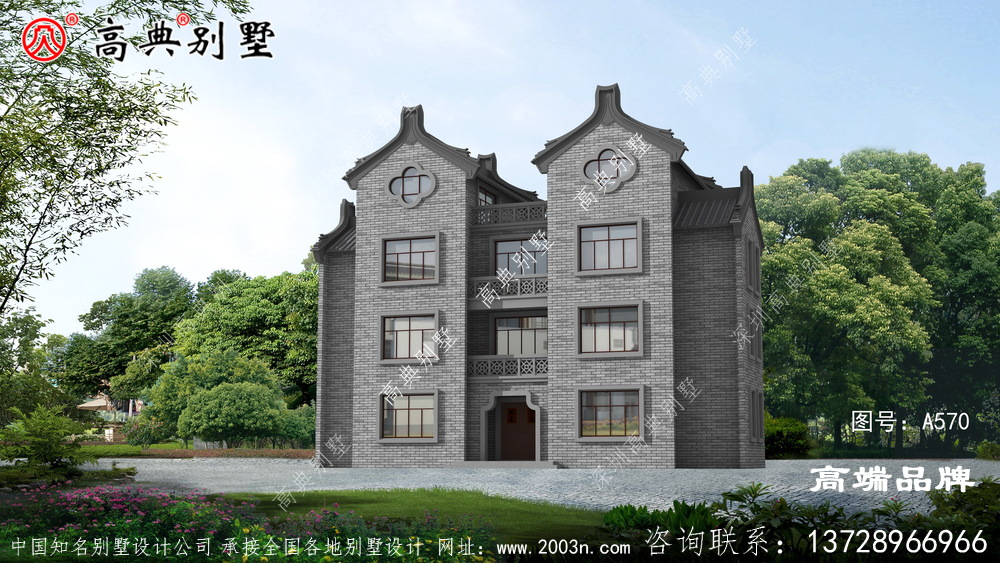 新中式三层别墅外观图，飘窗设计采光通风良好